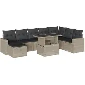 Syfax 9-tlg. Garten-Sofagarnitur mit Kissen Hellgrau Poly Rattan