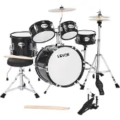 Vevor Schlagzeug Set, 5-teilig, inkl. 35,6 cm Basstrommel, 20,3 cm Snare, 15,2 cm & 20,3 cm Tomtoms, 25,4 cm Standtom, 25,4 cm Crash-Becken & 20,3 cm-Hi-Hat, für Kinder von 6–13 Jahren (schwarz)