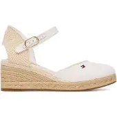 Tommy Hilfiger Keilsandalette "MID WEDGE ESPAD CLOSED TOE", Damen, Gr. 40, weiß (ecru), Leder, Textil, Schuhe Keilsandalette, Plateau, Sommerschuh mit verstellbarer Schnalle, schmale Form
