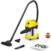 Kärcher WD 3 S, 1000 W, Trommel-Vakuum, Trocken&Nass, Staubbeutel, 15 l, Schwarz, Edelstahl, Gelb