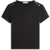 Tommy Hilfiger für Damen. WW0WW49250 Schmales T-Shirt mit Boot-Ausschnitt und Knöpfen schwarz (S), Lässig, Baumwolle, Kurzarm