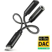 Axagon ADA-HCPD USB‑C auf 3,5 mm Klinke Hi‑Res DAC Adapter mit PD 60 W, 384 kHz / 32 bit, Stereo, USB-C, 3.5 mm, Buchse, USB-C, Stecker, 0,1 m, Schwarz