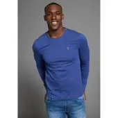 DELMAO Rundhalsshirt , Herren, Gr. 3XL (64/66), blau, Single Jersey, Obermaterial: 100% Baumwolle, unifarben, Basic, regular fit, Rundhals, Rippbündchen, Shirts Rundhalsshirt, mit Markenlabel