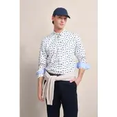 Bugatti Langarmhemd , Herren, Gr. XL, Normalgrößen, blau (marine), 100% Baumwolle, gepunktet, normal, eckige 2-Knopf-Manschette, Hemden Langarmhemd, mit Print