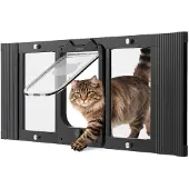 Vevor Katzenklappe Katzentür Anpassbar an Fensterbreiten (787-914 mm), Wetterfeste Haustiertür mit 4 sicheren Verriegelungsmodi & Aluminiumrahmen & Hochtransparentem Glas & Magnetverschluss, Schwarz