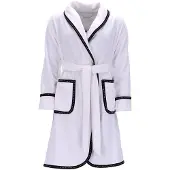 Vossen Damenbademantel "Limbo, ideal für Sauna & Spa, Hotelbademantel, Morgenmantel" Gr. XL, weiß, L:95cm, Baumwolle, Hausmäntel, Damenbademantel, mit Schalkragen, Uni Farben, Schwarzes Kofferband