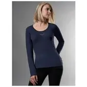 Trigema Longsleeve "Langarmshirt mit Kristallsteinen", Damen, Gr. L, blau (navy), Feinstrick, 95% Baumwolle, 5% Elastan, Basic, lang, ohne Ausschnitt, Shirts Longsleeve