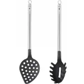 Markenlos Pasta Set 2-teilig, Spaghettiheber und Schaumlöffel, schwarz/silbern