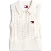 Tommy Hilfiger Pullunder TOMMY JEANS "TJW GMD CABLE POLO SWEATER", Damen, Gr. M (38), weiß (ancient weiß), Strick, Obermaterial: 100% Baumwolle, unifarben, slim fit taillenbedeckt, Pullover Pullunder, mit Zopfmuster