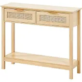 Vevor Rattan-Konsolentisch mit 2 Schubladen, Rattan-Eingangstisch mit natürlicher Rattan-Schiebetür, Konsolen-Sofatisch für Wohnzimmer, Arbeitszimmer, Eingangsbereich oder Fernsehwand, Natur
