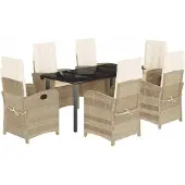 Syfax 7-tlg. Garten-Essgruppe mit Kissen Beige Poly Rattan