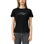s.Oliver Rundhalsshirt , Damen, Gr. M (38), schwarz, Jersey, Obermaterial: 100% Baumwolle, bedruckt, tailliert hüftbedeckend, Rundhals, Shirts Rundhalsshirt, mit Letter-Print und Spitze am Saum