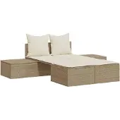 vidaXL Doppel-Sonnenliege mit Auflagen Beige Poly Rattan