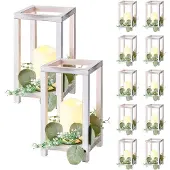 Vevor 12er-Set, Holzlaternen, inkl. 12x Kerzenhaltern aus Holzlaternen, 12x flammenlosen LED-Kerzen, 12x Eukalyptusblätter-Kranz für Hochzeitstisch, Party, Bauernhaus-Dekoration, Weiß