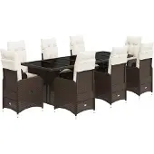 Syfax 9-tlg. Garten-Bistro-Set mit Kissen Braun Poly Rattan