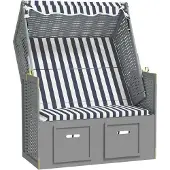 Syfax Strandkorb mit Dach Poly Rattan und Massivholz Blau & Weiß