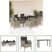The Living Store 7-tlg. Garten-Essgruppe mit Kissen Hellgrau Poly Rattan