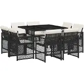 vidaXL 9-tlg. Garten-Essgruppe mit Kissen Schwarz Poly Rattan