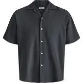 Jack & Jones Kurzarmhemd "JJEBREEZE LINEN BLEND RESORT SHIRT SS SN", Herren, Gr. L, N-Gr, schwarz, Web, Obermaterial: 70% Baumwolle, 30% Leinen, unifarben, normal, Hemden Kurzarmhemd, mit Knopfleiste