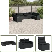 The Living Store 10-tlg. Garten-Sofagarnitur mit Kissen Schwarz Poly Rattan