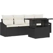 Syfax Gartensofa-set 5 stk. Schwarz und Creme Poly-Rattan