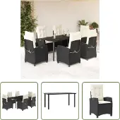 The Living Store 7-tlg. Garten-Essgruppe mit Kissen Schwarz Poly Rattan