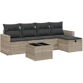 Syfax 6-tlg. Garten-Sofagarnitur mit Kissen Hellgrau Poly Rattan