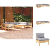 vidaXL 11-tlg. Garten-Lounge-Set mit Grauen Kissen Massivholz Kiefer - Gartenmöbel-Sets