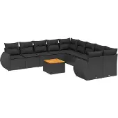 Syfax 11-tlg. Garten-Sofagarnitur mit Kissen Schwarz Poly Rattan