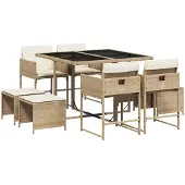 Syfax 9-tlg. Garten-Essgruppe mit Kissen Beige Poly Rattan