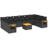 Syfax 11-tlg. Garten-Sofagarnitur mit Kissen Schwarz Poly Rattan