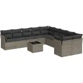 Syfax 11-tlg. Garten-Sofagarnitur mit Kissen Grau Poly Rattan