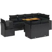 Syfax 9-tlg. Garten-Sofagarnitur mit Kissen Schwarz Poly Rattan