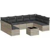 Syfax 10-tlg. Garten-Sofagarnitur mit Kissen Hellgrau Poly Rattan