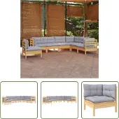 The Living Store 7-tlg. Garten-Lounge-Set mit Grauen Kissen Kiefer Massivholz