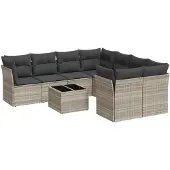 Syfax 9-tlg. Garten-Sofagarnitur mit Kissen Hellgrau Poly Rattan
