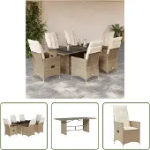 The Living Store 7-tlg. Garten-Essgruppe mit Kissen Beige Poly Rattan