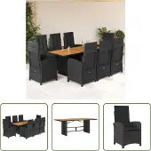 The Living Store 9-tlg. Garten-Essgruppe mit Kissen Schwarz Poly Rattan
