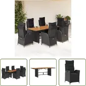 The Living Store 7-tlg. Garten-Essgruppe mit Kissen Schwarz Poly Rattan