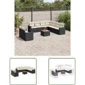 The Living Store 10-tlg. Garten-Sofagarnitur mit Kissen Schwarz Poly Rattan