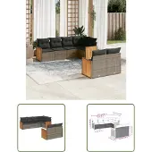 The Living Store 7-tlg. Garten-Sofagarnitur mit Kissen Grau Poly Rattan