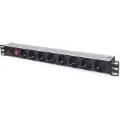 Intellinet 19" 8-fach Steckdosenleiste, Schutzkontakt, Überlastschalter, Netzschalter, 3 m Stromkabel, 1 HE, Standard, Geändert, 1U, Horizontal, Aluminium, Aluminium, Schwarz, 8 AC-Ausgänge