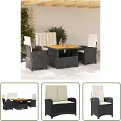 The Living Store 4-tlg. Garten-Essgruppe mit Kissen Schwarz Poly Rattan