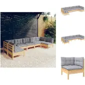 vidaXL 7-tlg. Garten-Lounge-Set mit Grauen Kissen Kiefer Massivholz - Gartenmöbel-Sets