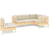 Syfax 5-tlg. Garten-Lounge-Set mit Creme Kissen Kiefernholz