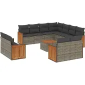 Syfax 12-tlg. Garten-Sofagarnitur mit Kissen Grau Poly Rattan