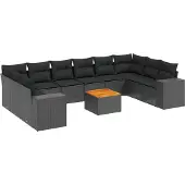 Syfax 11-tlg. Garten-Sofagarnitur mit Kissen Schwarz Poly Rattan