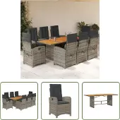 The Living Store 9-tlg. Garten-Essgruppe mit Kissen Grau Poly Rattan
