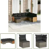 The Living Store 7-tlg. Garten-Sofagarnitur mit Kissen Grau Poly Rattan