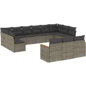 Syfax 13-tlg. Garten-Sofagarnitur mit Kissen Grau Poly Rattan